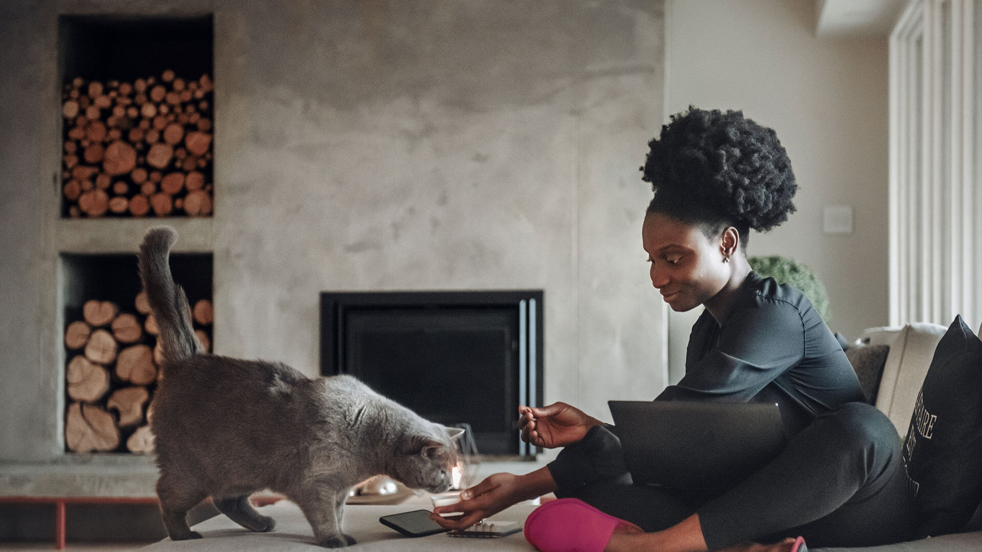 Woman searching for a vet clinic on a laptop next to her cat.